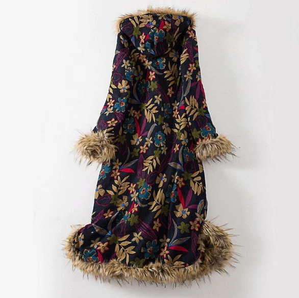 Parka de piel sintética bohemia floral para mujer Abrigo grueso con capucha Chaqueta acolchada de algodón Foto 4 de 4
