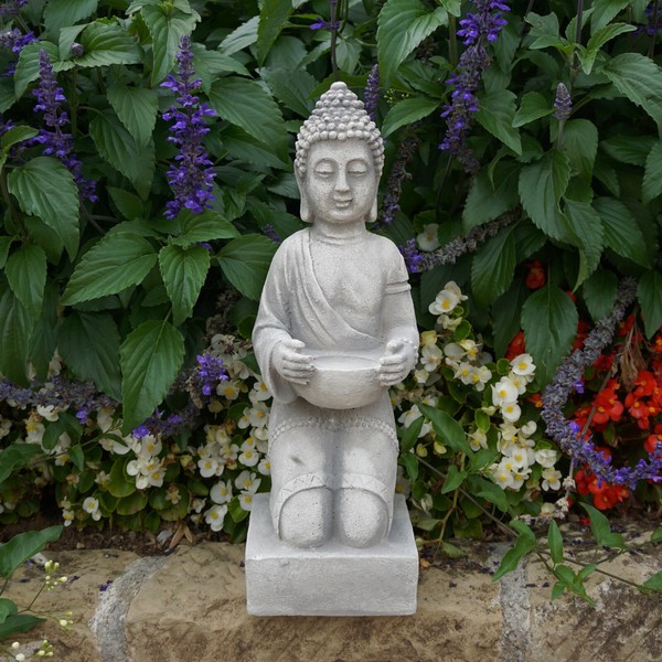 Buddha TempelwäChter Steinfigur 43 Cm 9 Kg Grau WeißBeton Frostsicher-image