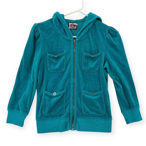 Juicy Couture Velour Jacke Damen Medium türkis gold Akzente Hoodie durchgehender Reißverschluss Y2K