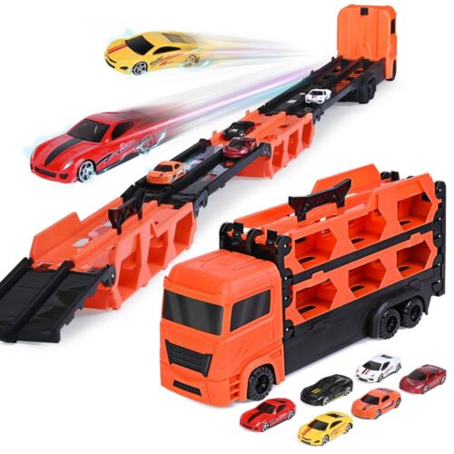 Car Transporter Carrier Truck Toy for Kids 64 Inch Race Track and 6 Toy Cars....