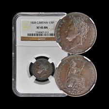GREAT BRITAIN. 1828, Farthing - NGC XF45 - KGIV, Seated Britannia Repunched Date