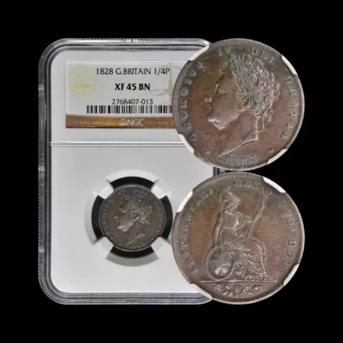 GREAT BRITAIN. 1828, Farthing - NGC XF45 - KGIV, Seated Britannia Repunched Date