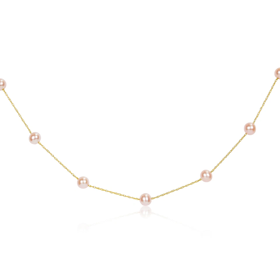 Collar de taza de lata de perlas cultivadas de agua dulce rosa de oro amarillo de 14k Amour