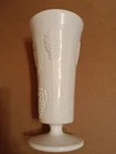 Vintage Pedestal Milk Glass Vase Harvest Grape Vine and Leaves  10 "