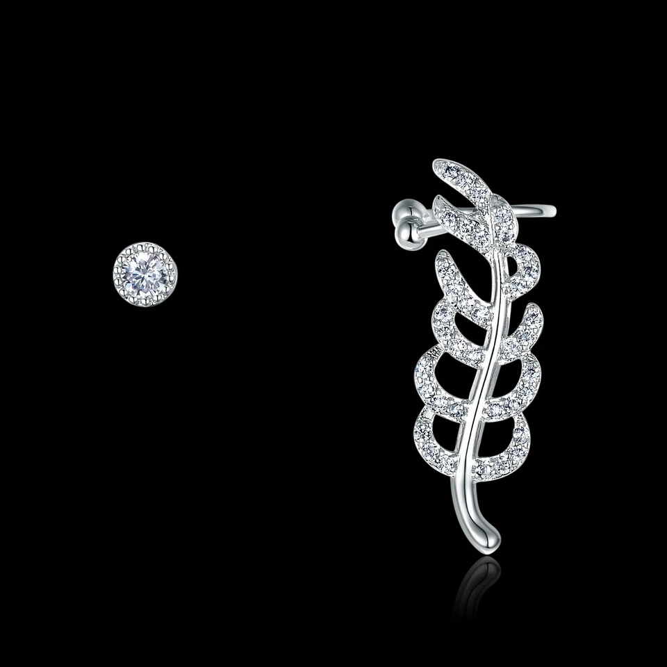 18k white gold crystal feather stud unbalanced ear climber Asymmetric earrings - Image 4 of 4