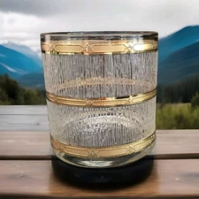 Vintage Culver Rocks Glass Lowball Icicle Gold Bands 3 1/2" Tall