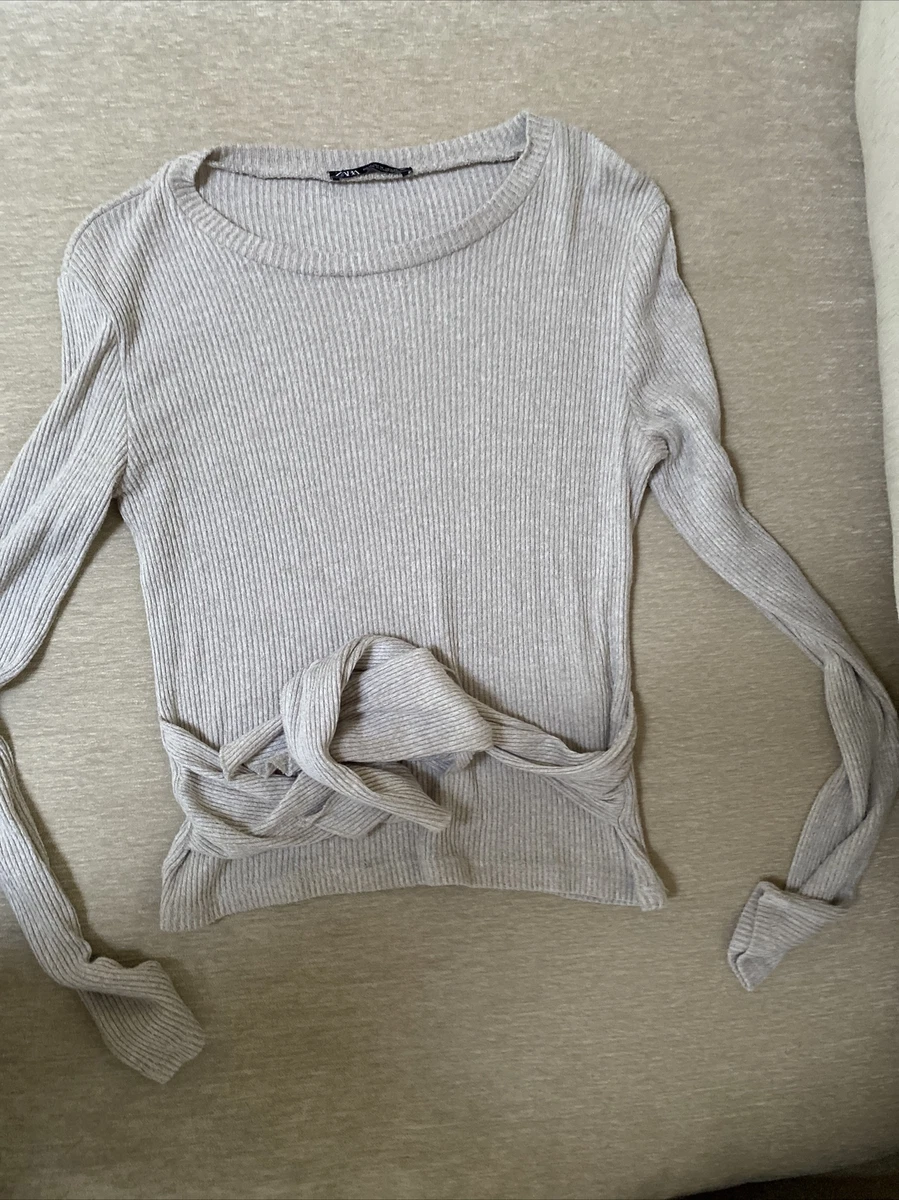 Zara Women s Knit Top Long Sleeve Sweater With Tie Back Beige M