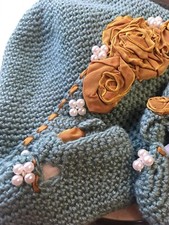 Hand Crochet Baby Beanie and Booties - NEW-BLUE-GREEN -GOLD FLOWERS