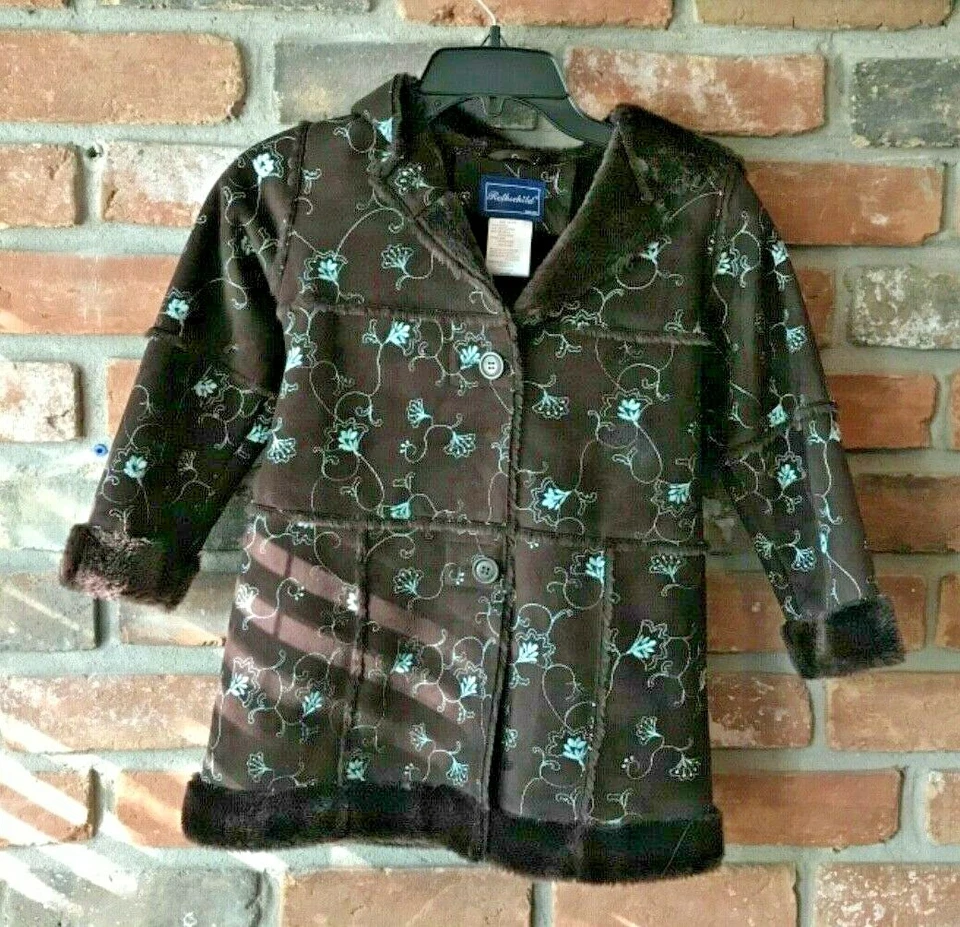 ROTHSCHILD WINTR COAT wHOOD GIRLS SZ 5/6 BROWN FAUX SUEDE & FUR EMBROIDERED EUC - Image 3 of 4