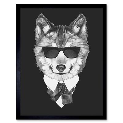 Fliege Wolf mit Sonnenbrille Kunstplakat Gerahmter Druck 30x40 cm