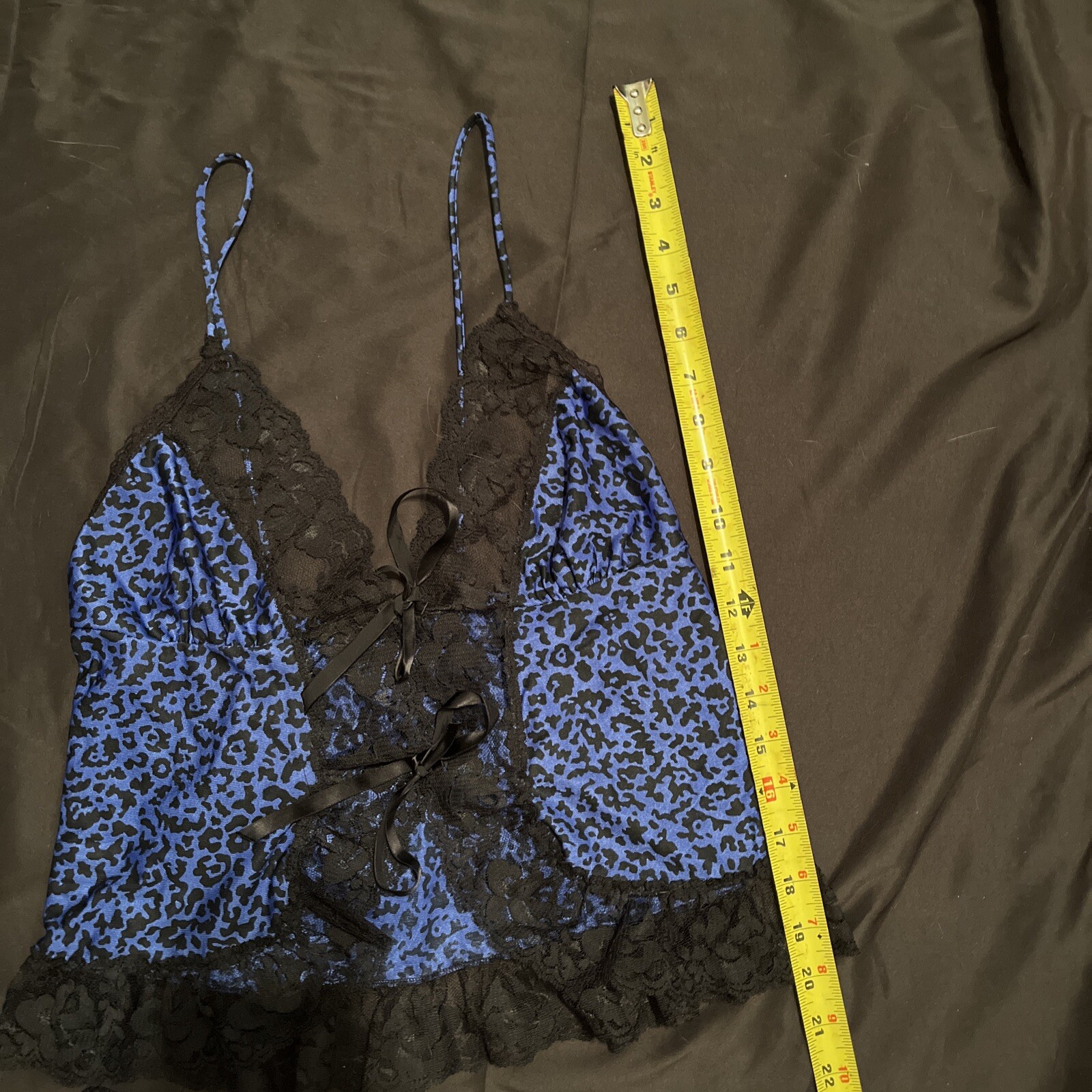 Vtg Alana Gale 2 Piece Blue Leopard Animal Print Lace Tie Front Lingerie Size S