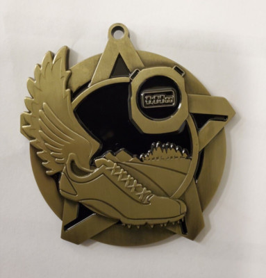 track, GOLD w/ black star medal, 2'' diam, ribbon-R, W & B, running, w/ engraving