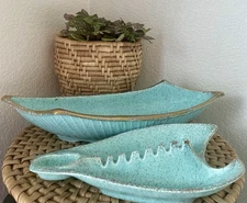 Vintage Console Bowl & Ashtray Teal Gold Speckle Pottery MCM 1950’s USA