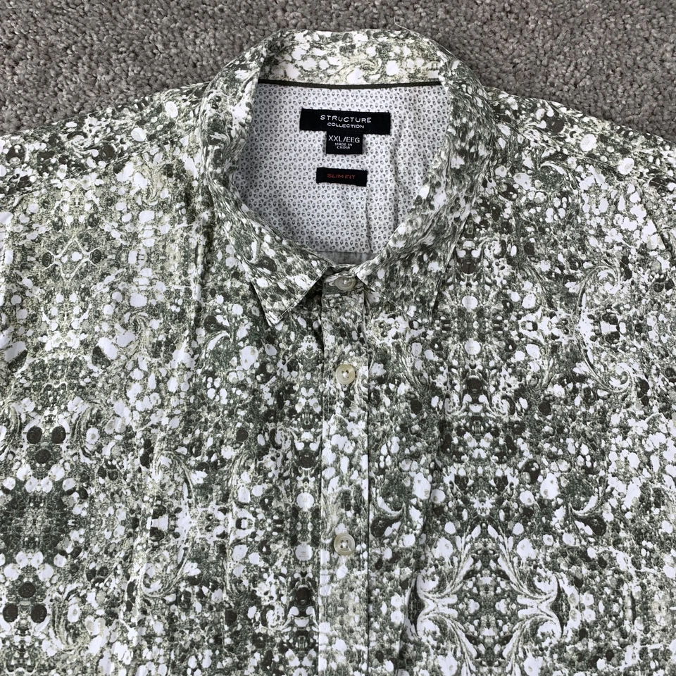 Structure Slim Fit Shirt Men's XXL Green White Abstract Short Sleeve Casual - Image 2 of 4