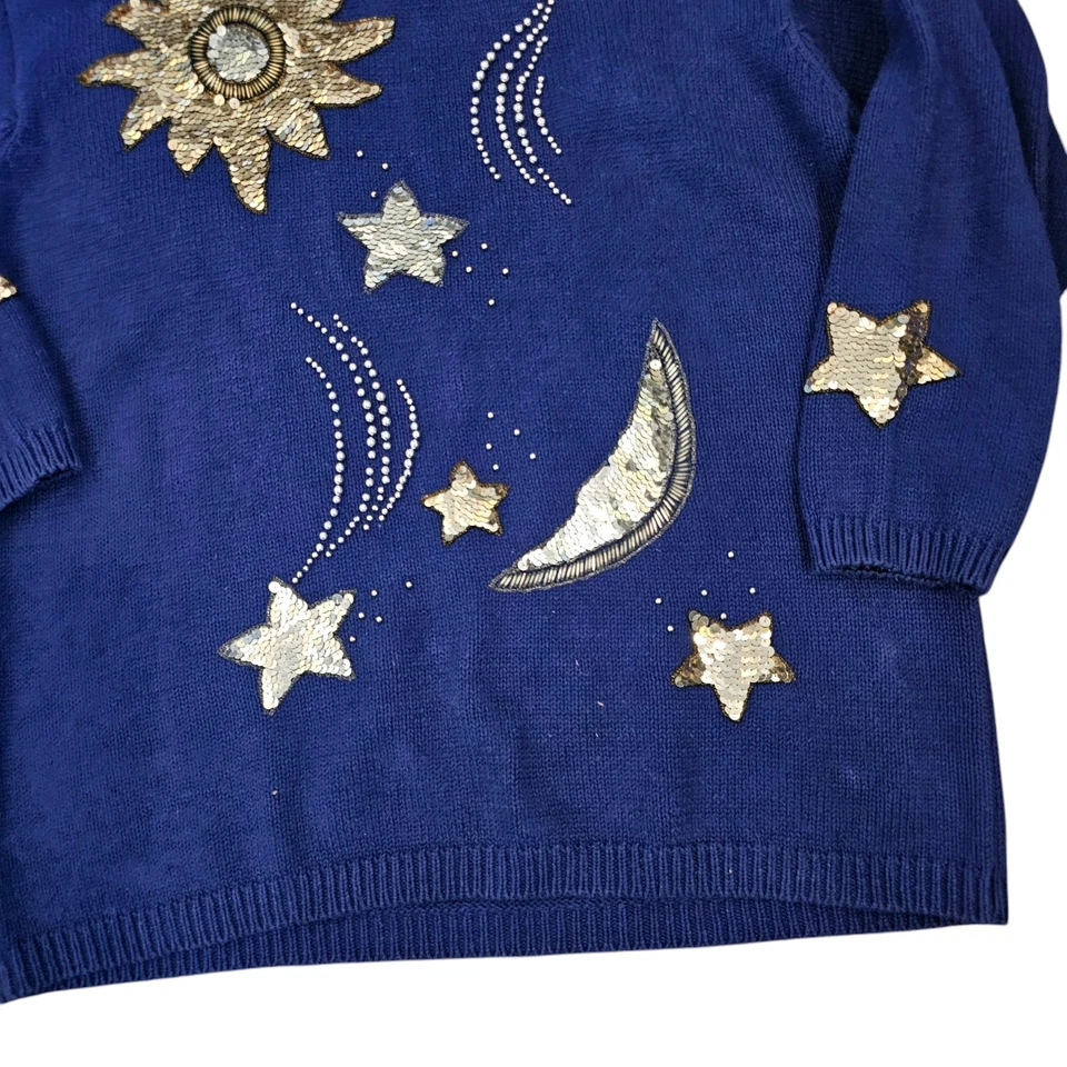 VTG Blue Chunky Sweater Celestial Sun Moon Stars Beaded Sequins Gold Sz L Large - Image 2 of 4