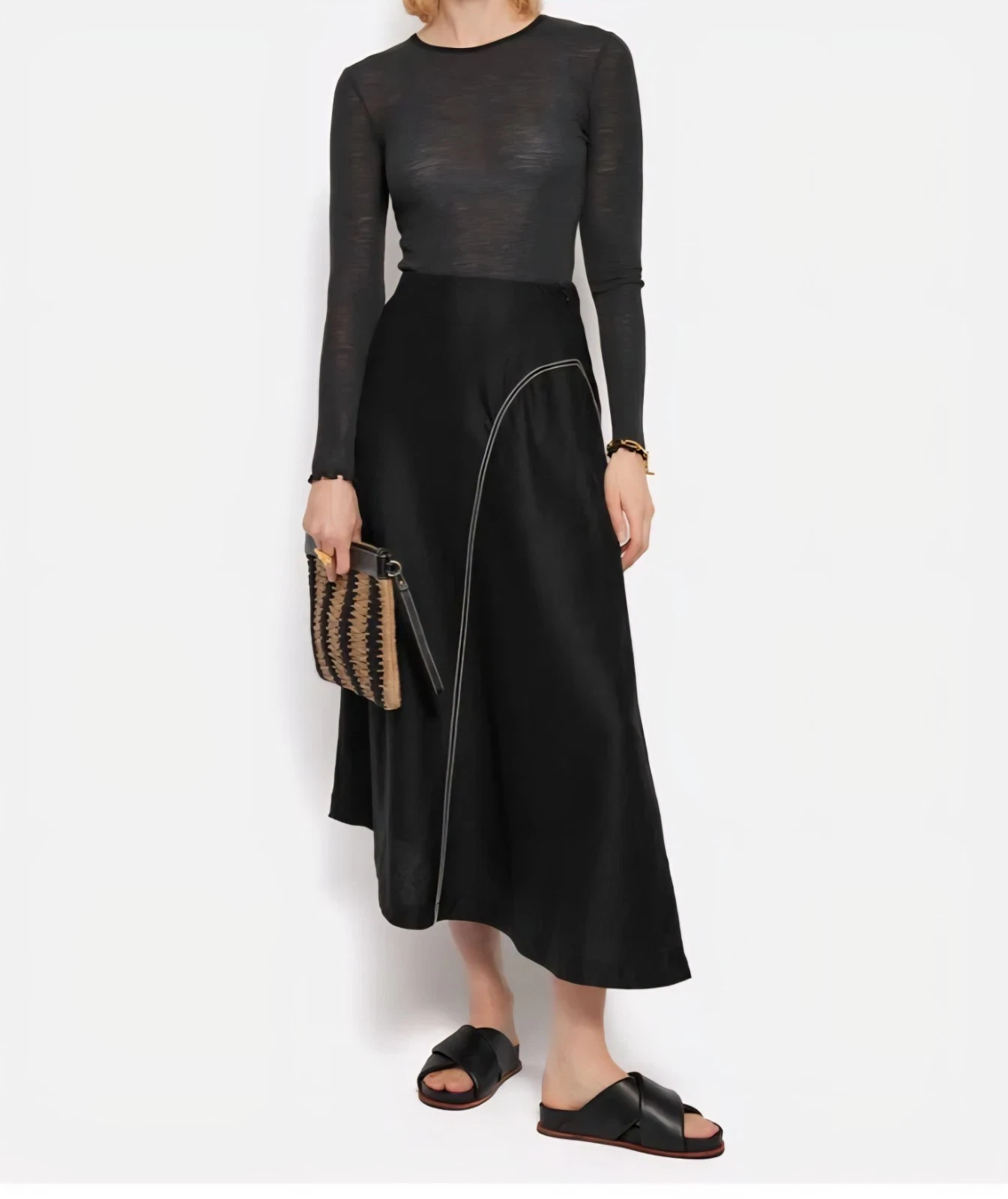 Jigsaw Black Linen Skirt Size 8 Bias Cut Flared Midi Summer Womens Work Casual