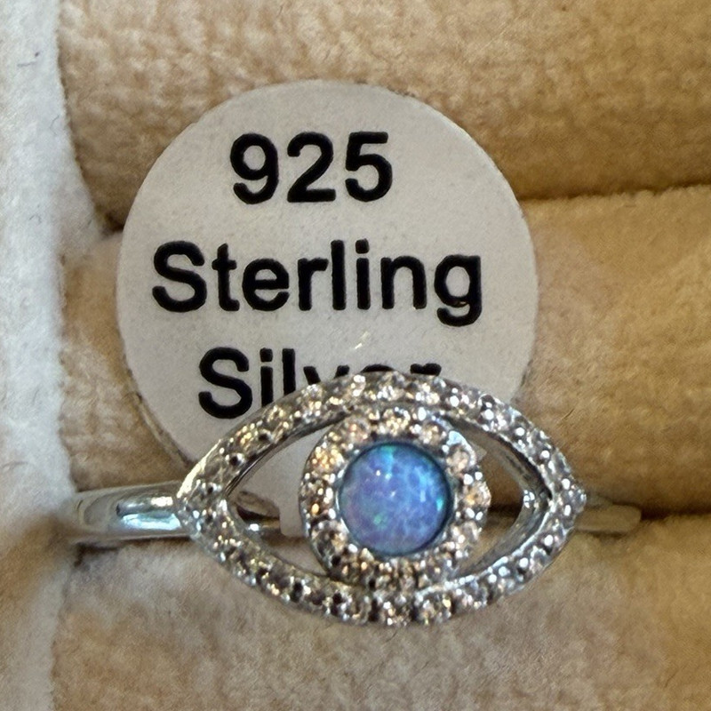 925 Sterling Silver Ring Size 7 Blue Round Opal Halo Eye Design