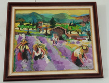 tableau académique huile sur toile HST "cueillette récolte de la lavande" cadre