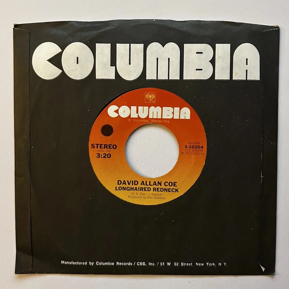 David Allan Coe - Longhaired Redneck 1975 Columbia 45 rpm 3-10254 - Image 4 of 4