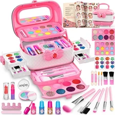 58 Pcs Makeup Kit for Girl, Princess Toys Real Washable Cosmetic Set with Mir...