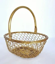 Oval BRASS Wire Woven BASKET Movable Folding Handle Weave Decorative INDIA