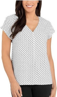 Hilary Radley V-Neck White and Black Combo Print Blouse Top Womens Size M