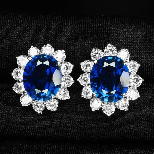 Precious Vivid Blue Sapphire 10.70Ct 925 Sterling Silver Handmade Halo Earrings