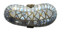 REAL Vintage Mother of Pearl Clutch Purse 50S Kidney Shape Filigree Brass Clasp
