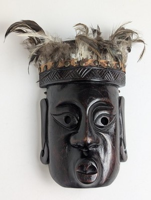 Vintage Hand Carved Wood Mask Feather Headdress Wall Decor Bali Style 9''
