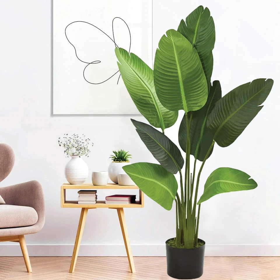 Planta artificial Bagari pájaro del paraíso, planta falsa de 5 pies de alto con maceta negra,... Foto 2 de 3