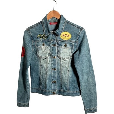 Miss Jeans Denim Jacket Women Size UK 10 Blue Cropped Embroidered Patches Casual