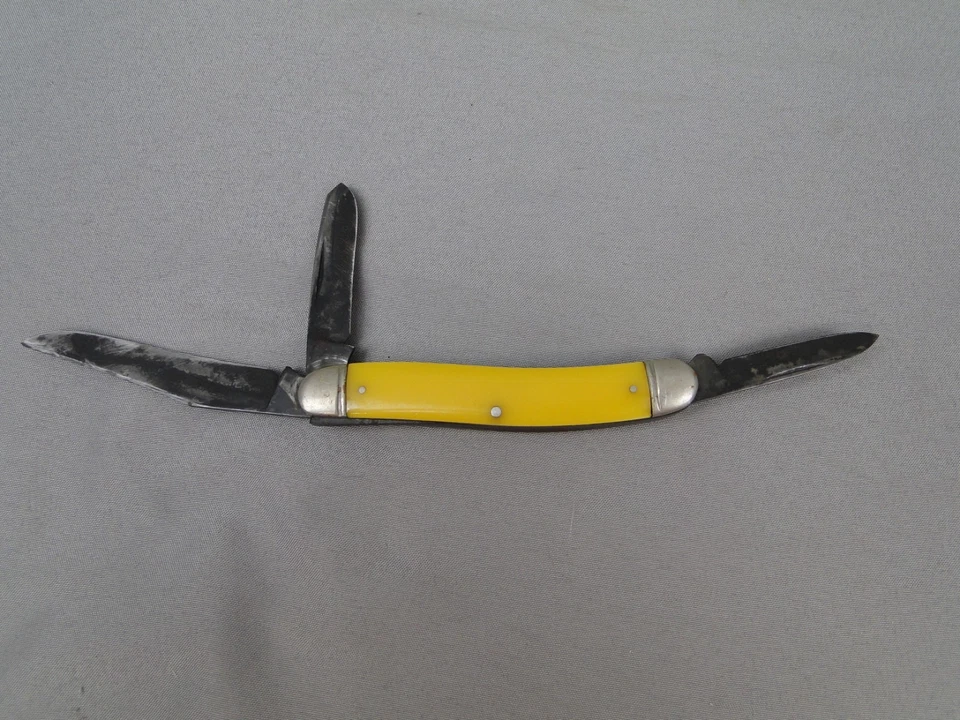 Navaja de bolsillo plegable con mango amarillo Boker EE. UU. 3 hojas publicidad ganadero Foto 3 de 4