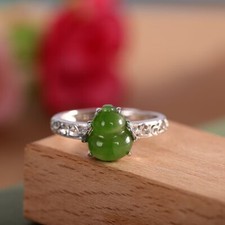 Pure S925 Sterling Silver Natural Green Jade Women Lucky Gourd Ring us:6-9
