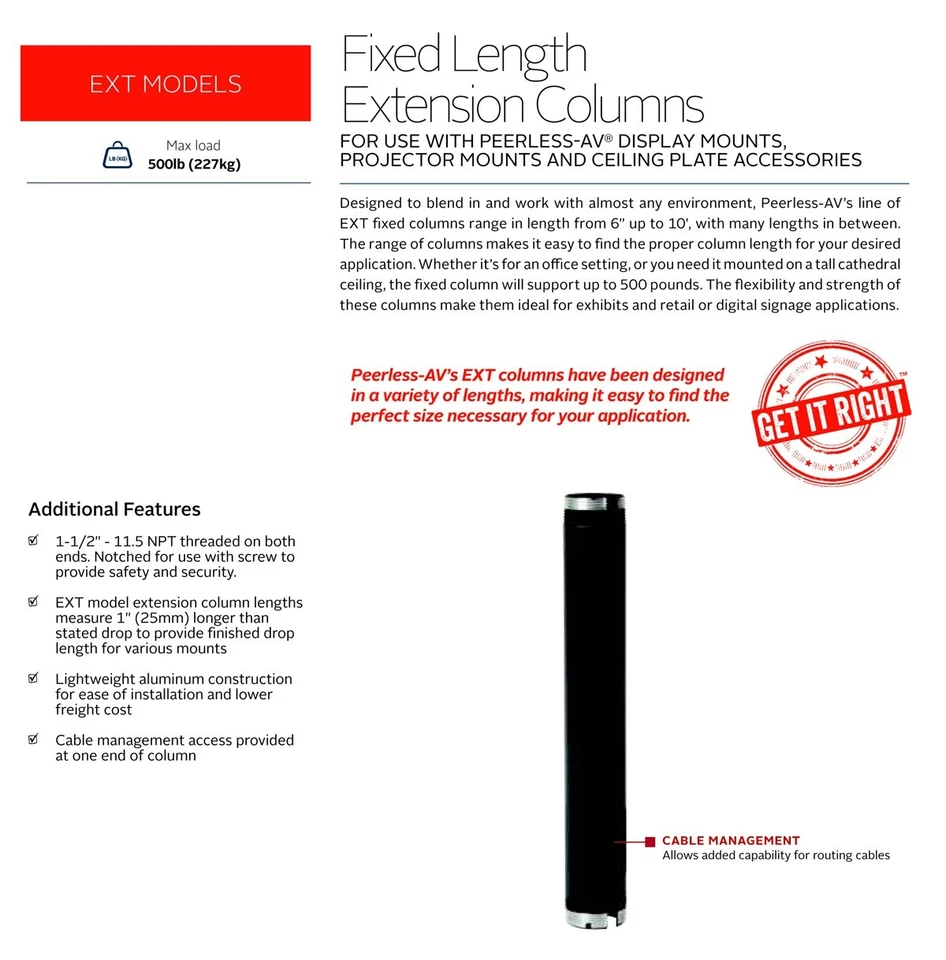 COLUMNA DE EXTENSIÓN FIJA PEERLESS EXT018, LONGITUD CAÍDA 18" - NEGRA - NUEVA EN CAJA Foto 4 de 4