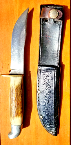 VINTAGE WESTERN USA L66 BONE STAG FIXED BLADE KNIFE WITH LEATHER SHEATH