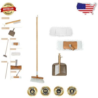 Portable and Durable Bamboo Cleaning Essentials: Mop, Broom, & Counter Brush Set