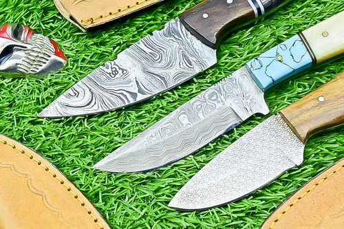 Lot of 3 PC Damascus Steel Knife, Hunting knfe, Skinner knife, w/Sheath, SN-1917 - Picture 3 of 9