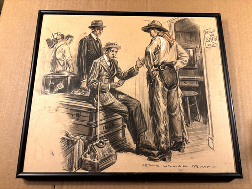 Seltene antike original signierte veröffentlichte Illustration Kunst Film Thema 10er SatEvPst