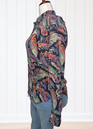 True Religion SILK Angel Wing All Over Print Long Sleeve Button Up Blouse Size S - Picture 3 of 11