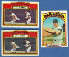 3 TOPPS 1972 JOHN ELLIS YANKEES BASEBALL CARDS #47 BASE & 2 #48 IN ACTION EX-NM