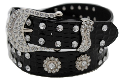 Women Belt Black Western Fashion Waist Jeans Pant Loop Flower Bling Charms S M - Picture 8 of 12