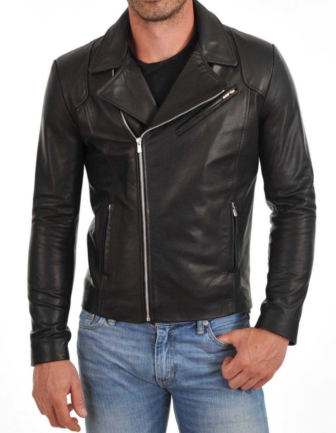 Men's Vintage Biker Leather Jacket Black Lambskin Bomber Motorcycle Coat 116-image