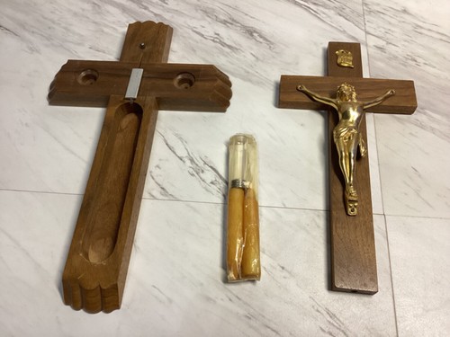 Vintage katholisch letzte Rechte Holzkruzifix Kreuz Set Weihwasser & Kerzen 13 Zoll