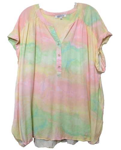 Rose Olive Pastel Rainbow Pullover Top 2X Tie Dye Cap Sleeve V-Neck 1/4 Button - Picture 5 of 11