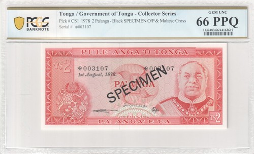 Tonga 1978 2 Pa'anga Specimen Note Pick-CS1 PCGS Gem UNC 66 PPQ