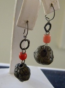 Pair of Antique Chinese Silver Coral Earrings