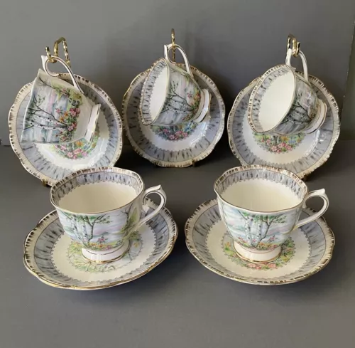 10 Pc Royal Albert Silver Birch Tea Cup & Saucer Bone China ENGLAND