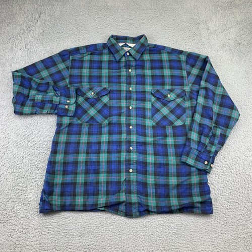 Vintage Sports Afield Shirt Mens Large Blue Green Plaid Thermal Flannel