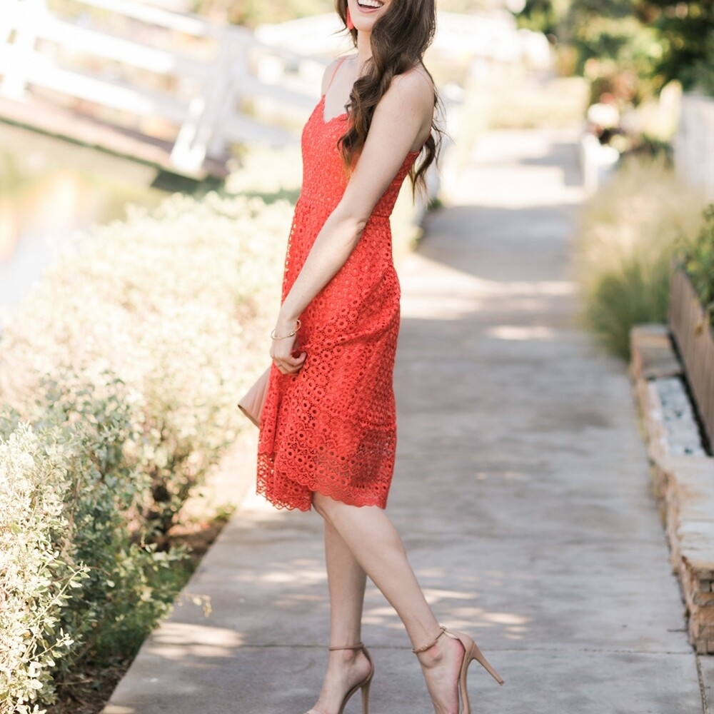 Crew Daisylace coral midi dress size 10 fit and flare red lace womens - Main Image