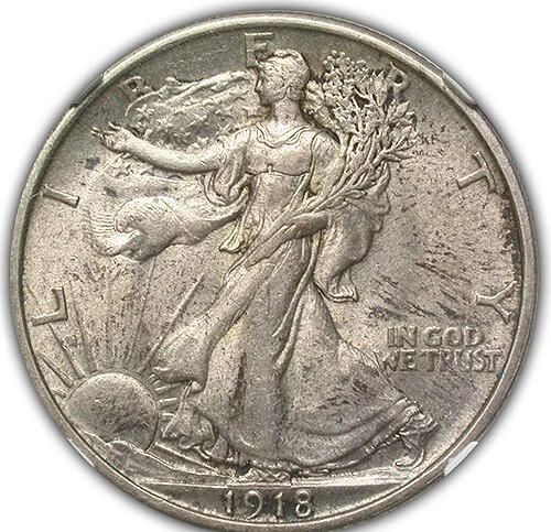 1918 WALKING LIBERTY HALF DOLLAR NGC MS 62 A SPLASH OF LIGHT GREYING DISHWATER